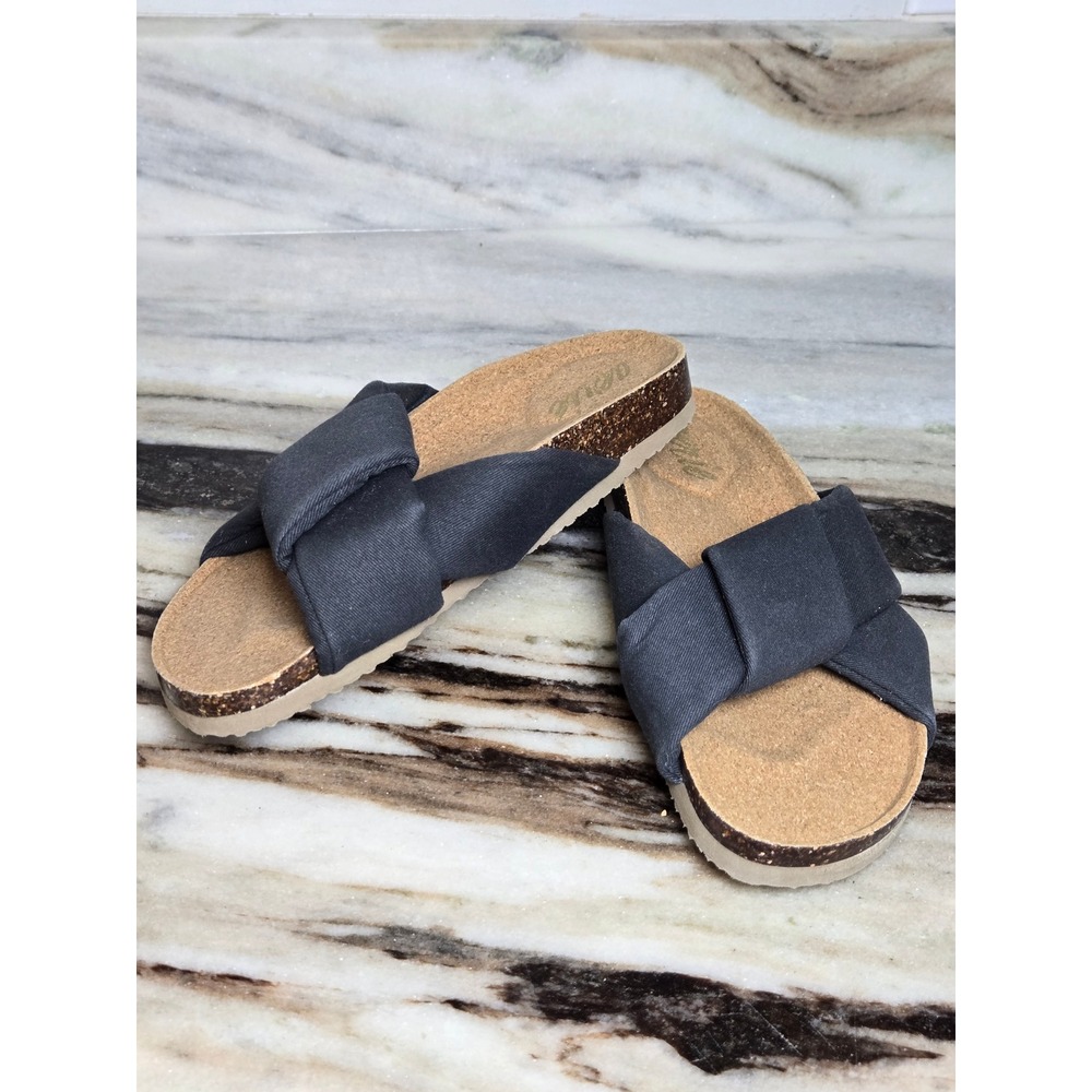 Aerie Knotted Slide Sandals Charcoal Gray Cork Footbed Flat Slip On Shoes‎